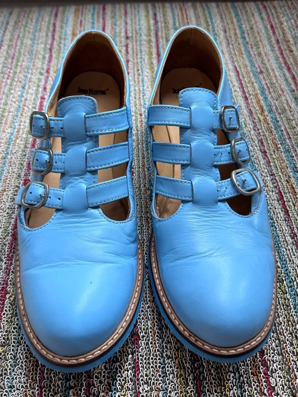 Fluevog EXCELLENT Biblio McPhee baby blue leather triple t-strap buckle shoe -12 - Picture 6 of 16